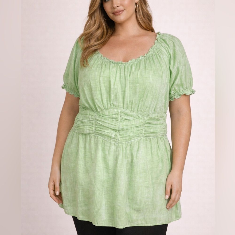 Max Studio Specialty Green Short Sleeve Peasant Cottagecore Sage Green Top Sz 3X